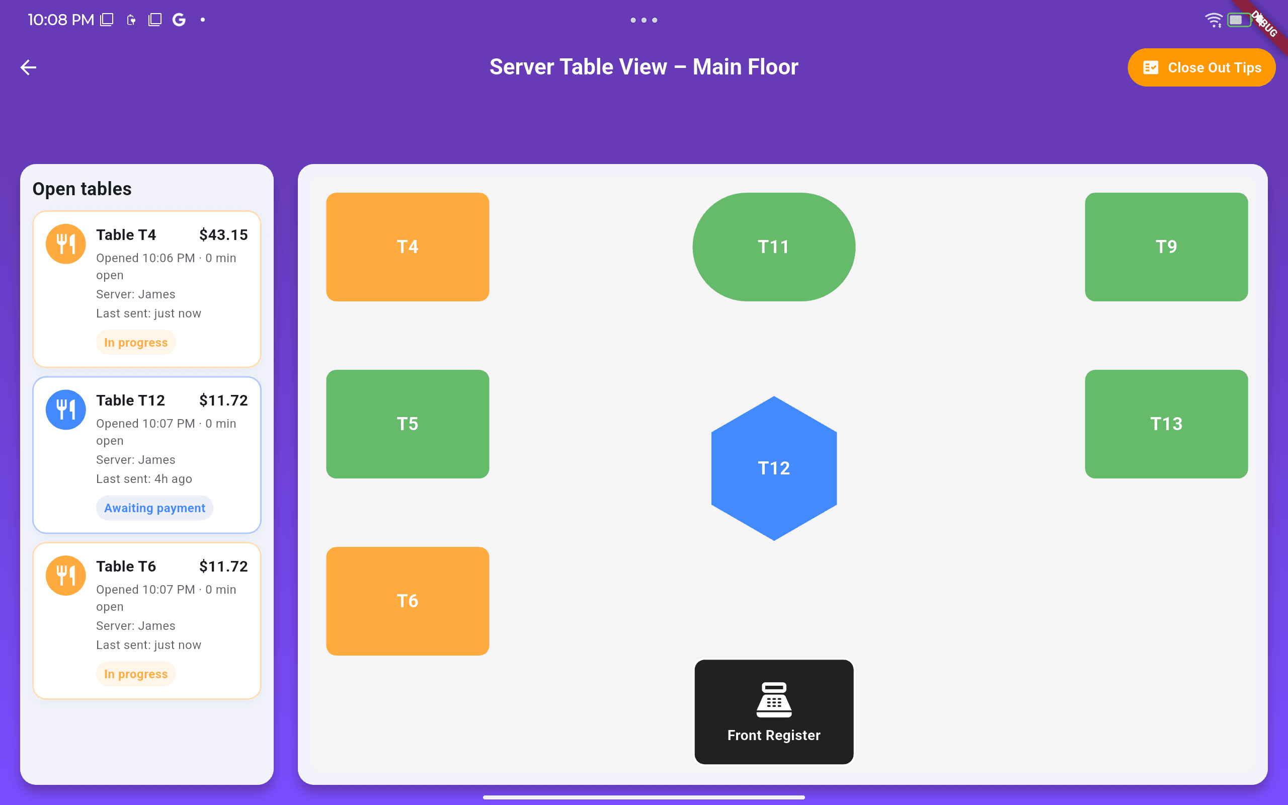 SnapPOS floor plan screen