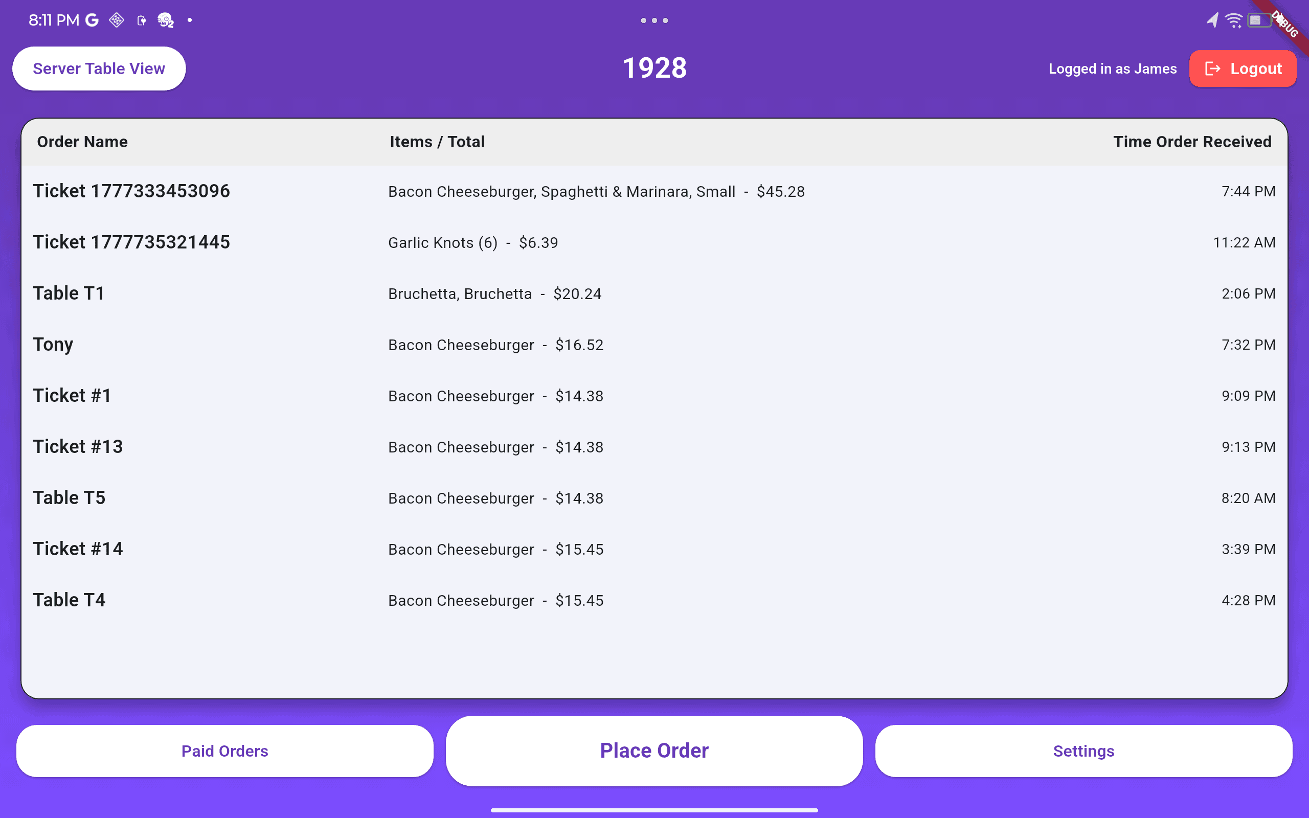 SnapPOS home screen showing active orders